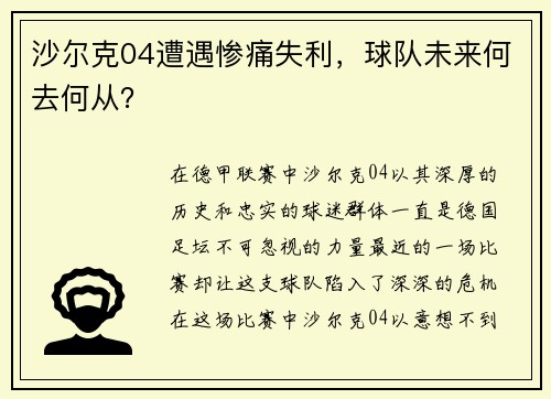 沙尔克04遭遇惨痛失利，球队未来何去何从？